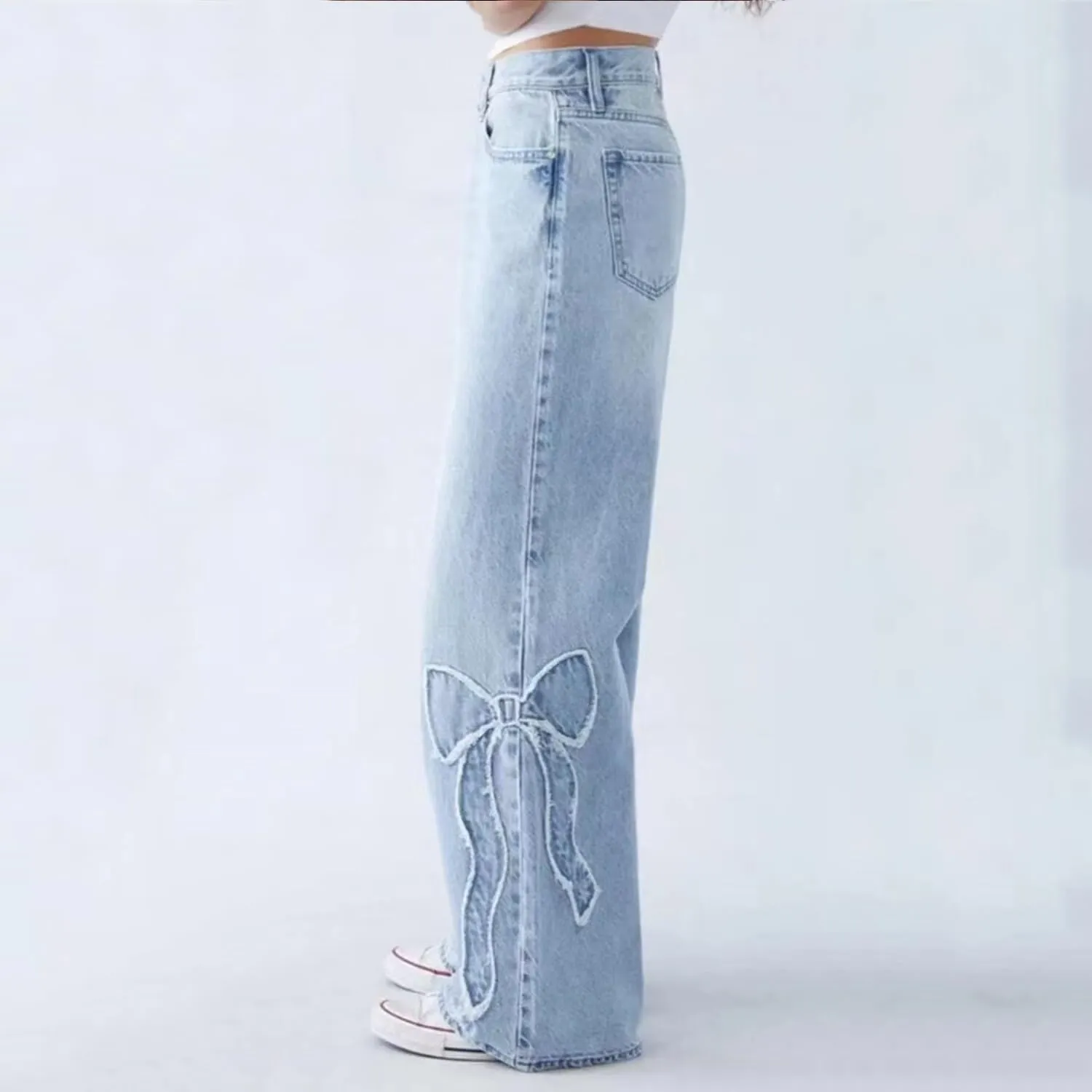 Womens Jeans Bowknot High Waisted Denim Pants Straight Leg Y2K Casual Baggy Trousers