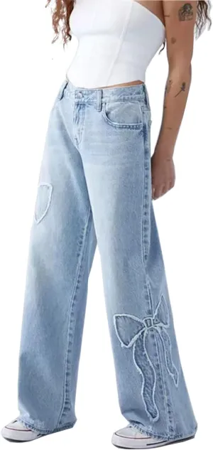 Womens Jeans Bowknot High Waisted Denim Pants Straight Leg Y2K Casual Baggy Trousers
