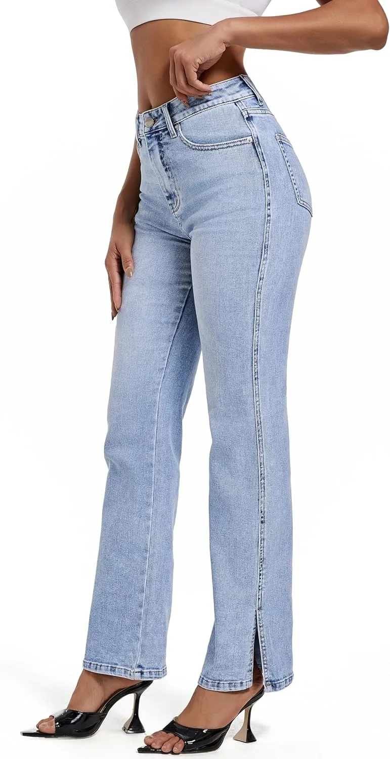 Womens Jeans Hig Waisted Straight Leg Loose Stretchy Tummy Control Trendy Side Slit Jeans for Women 2025