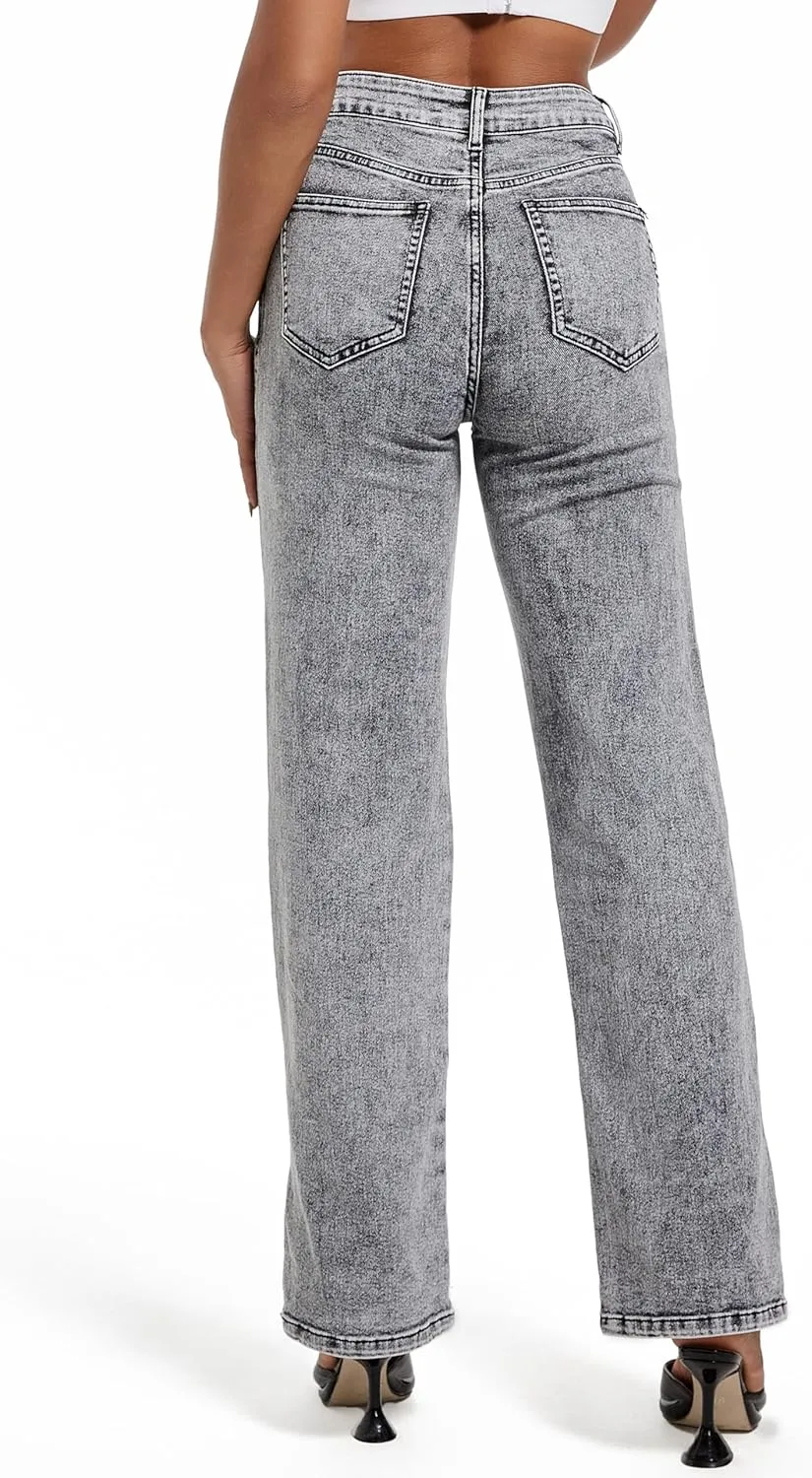 Womens Jeans Hig Waisted Straight Leg Loose Stretchy Tummy Control Trendy Side Slit Jeans for Women 2025