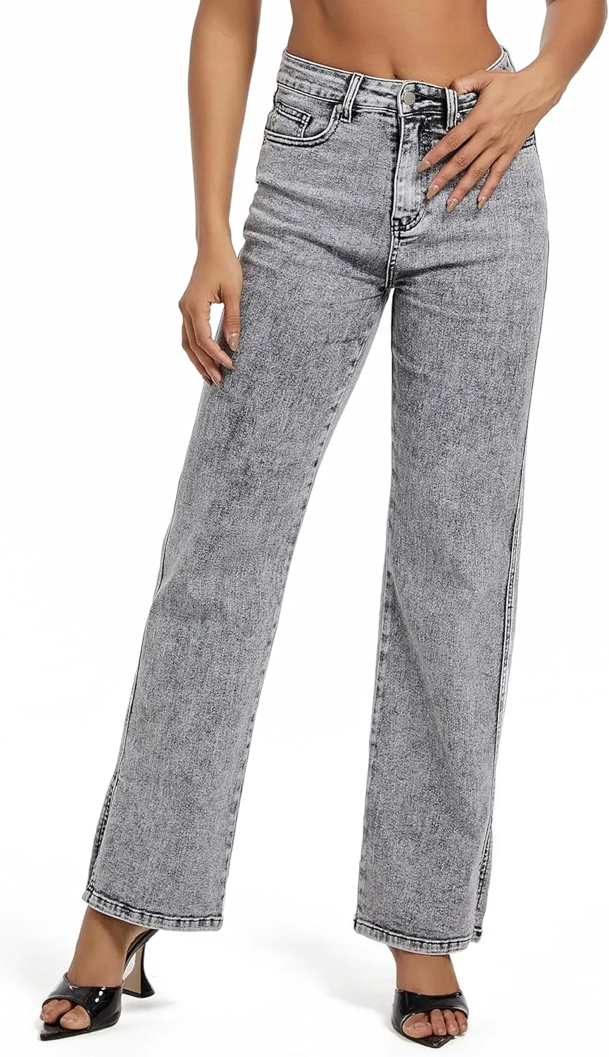 Womens Jeans Hig Waisted Straight Leg Loose Stretchy Tummy Control Trendy Side Slit Jeans for Women 2025