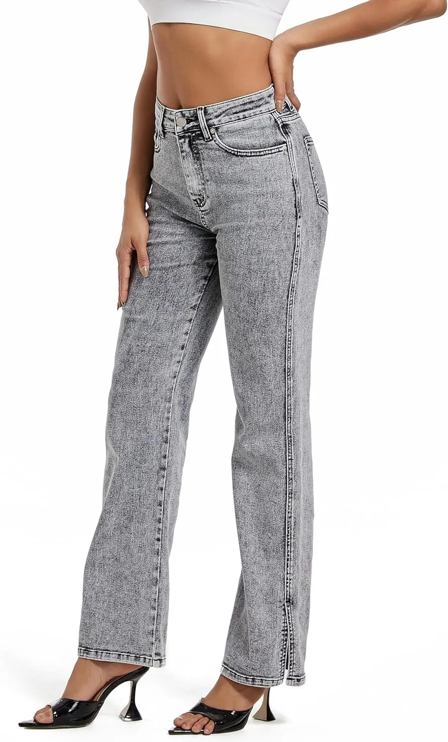 Womens Jeans Hig Waisted Straight Leg Loose Stretchy Tummy Control Trendy Side Slit Jeans for Women 2025