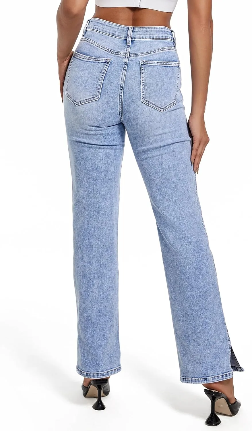 Womens Jeans Hig Waisted Straight Leg Loose Stretchy Tummy Control Trendy Side Slit Jeans for Women 2025