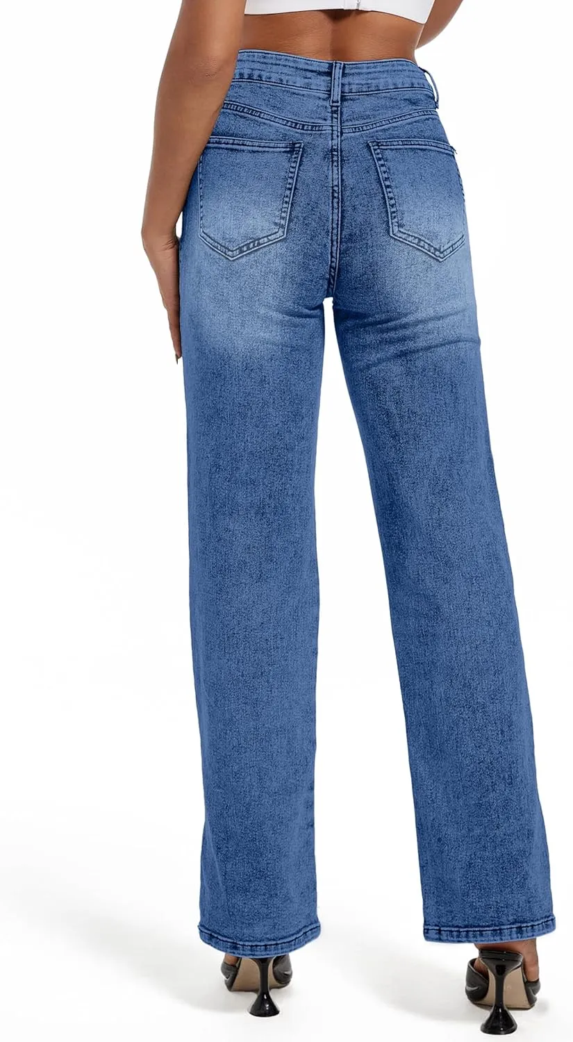 Womens Jeans Hig Waisted Straight Leg Loose Stretchy Tummy Control Trendy Side Slit Jeans for Women 2025