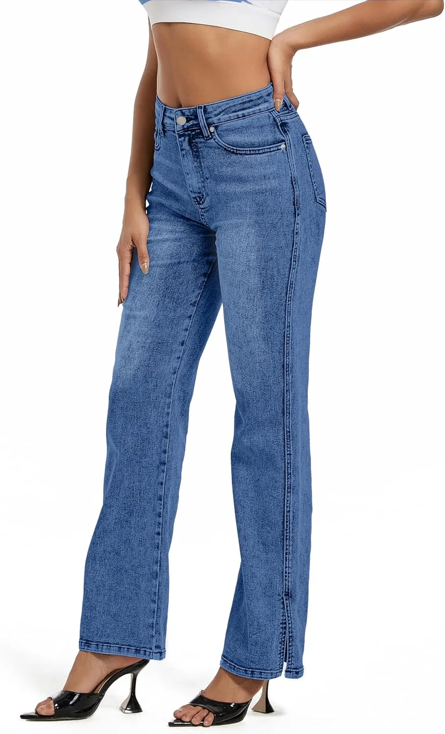Womens Jeans Hig Waisted Straight Leg Loose Stretchy Tummy Control Trendy Side Slit Jeans for Women 2025