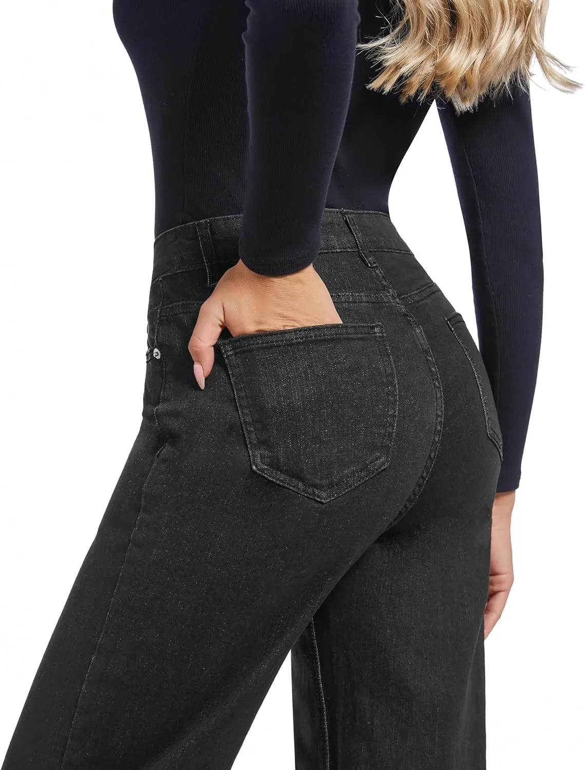 Women's Jeans Straight Leg Casual High Waisted Stretch Trendy Black Pull On Jeans for Women