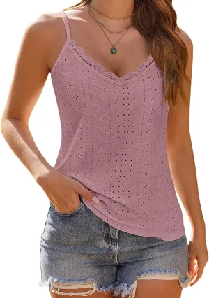Womens Lace Camisole Tops V Neck Spaghetti Strap Cute Top Sleeveless Blouses Loose Fit Eyelet Tops for Women