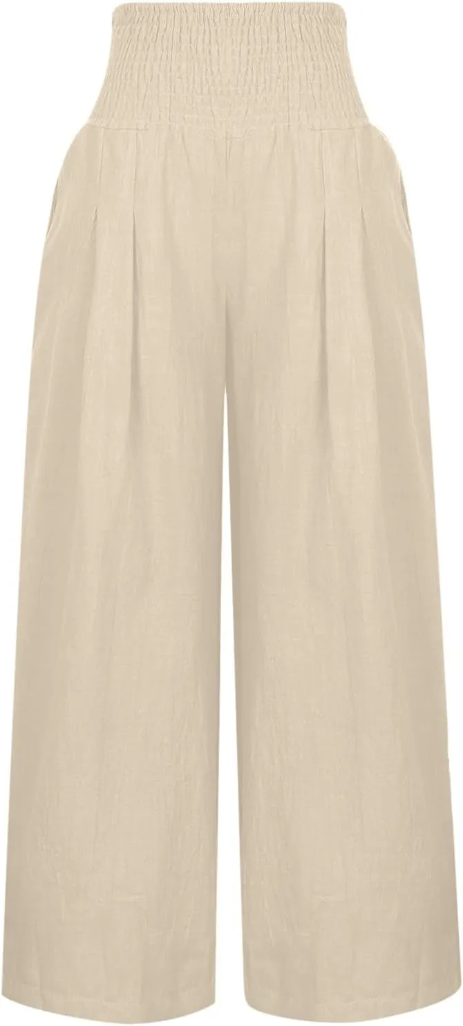Womens Linen Pants 2025 Summer Casual Loose Wide Leg Palazzo Pants Smocked High Waist Flowy Beach Trousers Outfits