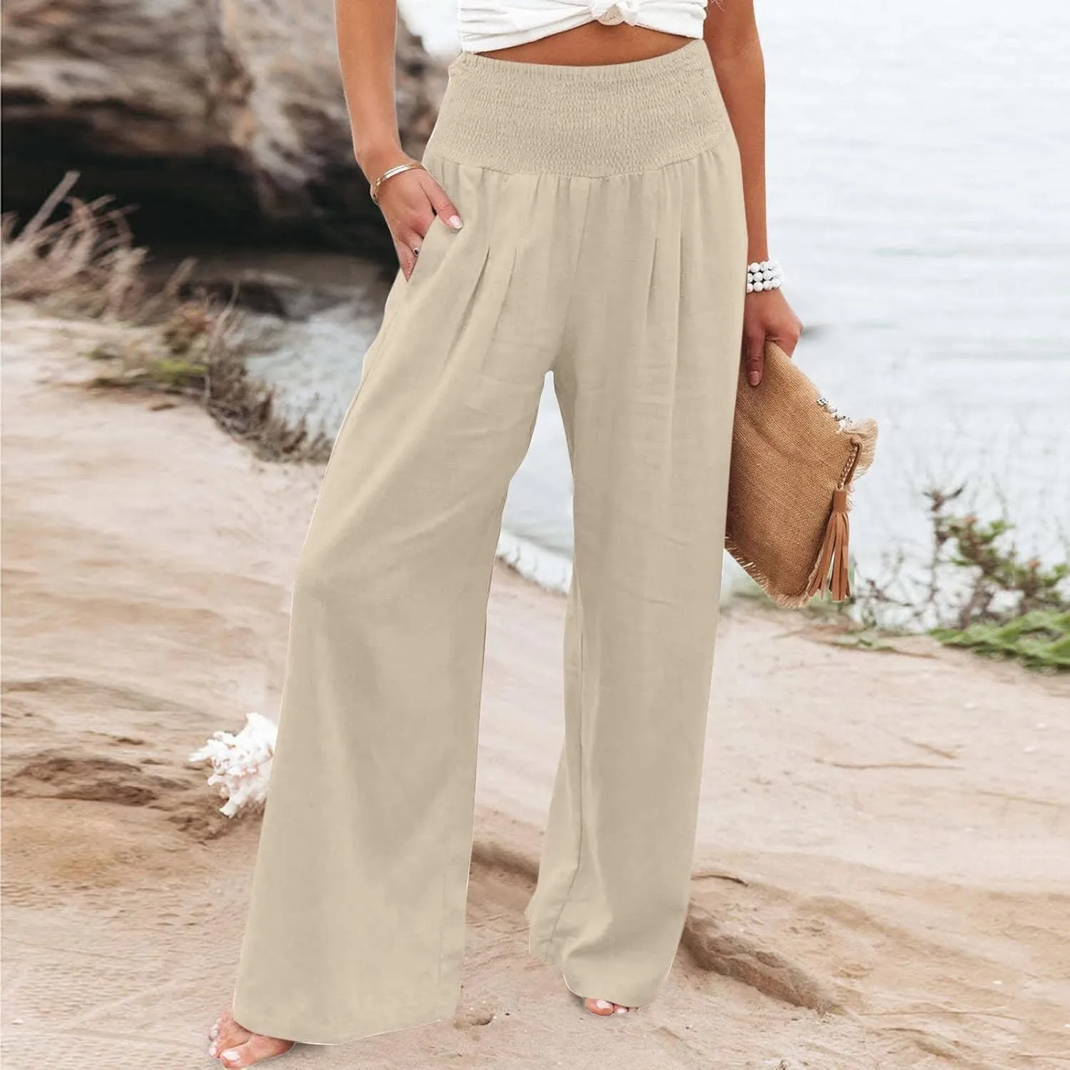 Womens Linen Pants 2025 Summer Casual Loose Wide Leg Palazzo Pants Smocked High Waist Flowy Beach Trousers Outfits