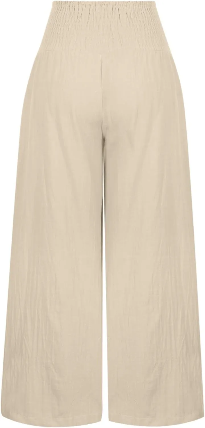 Womens Linen Pants 2025 Summer Casual Loose Wide Leg Palazzo Pants Smocked High Waist Flowy Beach Trousers Outfits