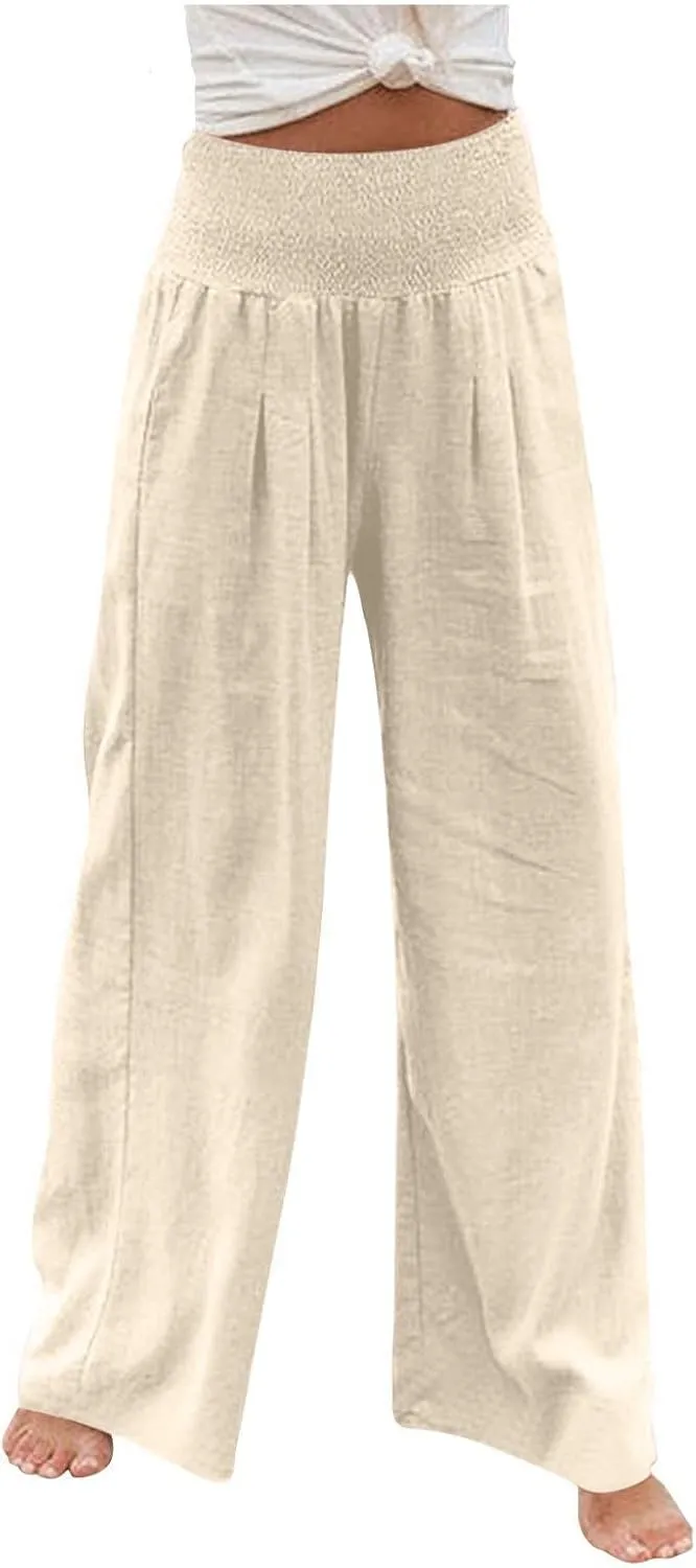Womens Linen Pants 2025 Summer Casual Loose Wide Leg Palazzo Pants Smocked High Waist Flowy Beach Trousers Outfits