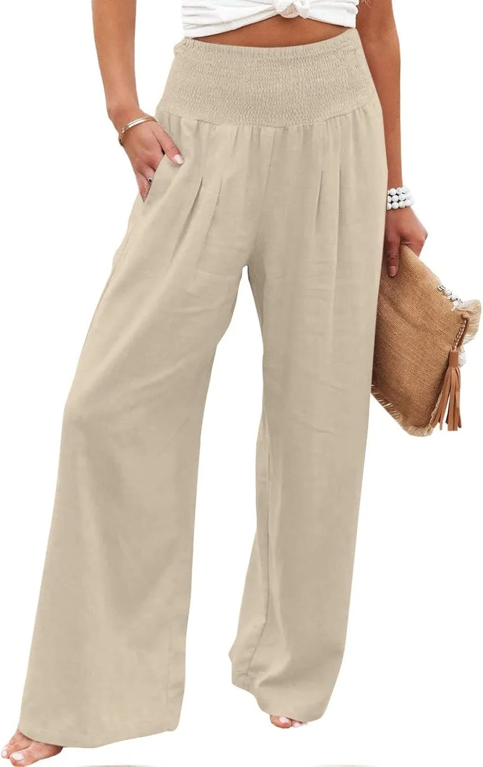 Womens Linen Pants 2025 Summer Casual Loose Wide Leg Palazzo Pants Smocked High Waist Flowy Beach Trousers Outfits