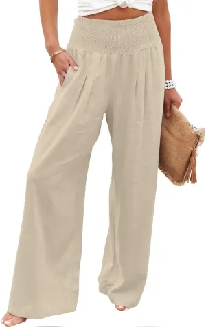 Womens Linen Pants 2025 Summer Casual Loose Wide Leg Palazzo Pants Smocked High Waist Flowy Beach Trousers Outfits