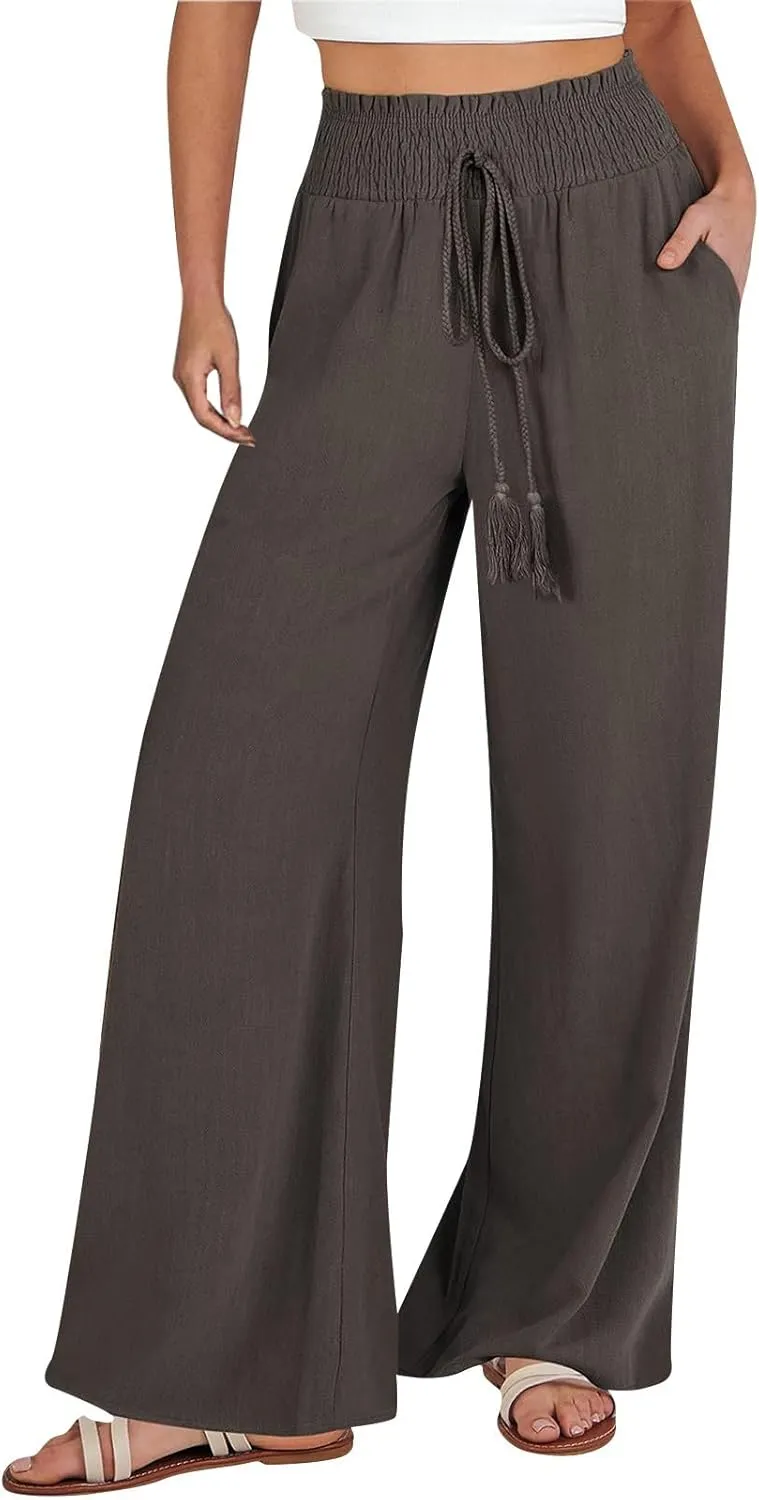 Womens Linen Pants 2025 Summer Wide Leg Palazzo High Waisted Drawstring Flowy Trousers Yoga Beach Pant with Pockets