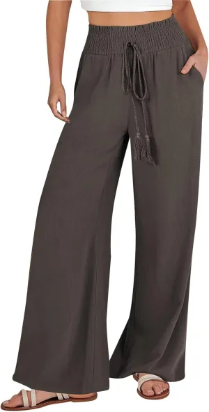 Womens Linen Pants 2025 Summer Wide Leg Palazzo High Waisted Drawstring Flowy Trousers Yoga Beach Pant with Pockets