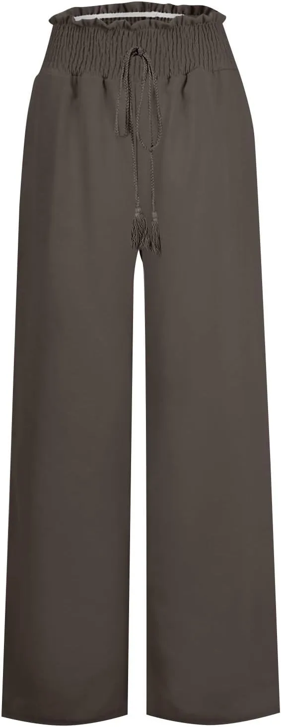 Womens Linen Pants 2025 Summer Wide Leg Palazzo High Waisted Drawstring Flowy Trousers Yoga Beach Pant with Pockets