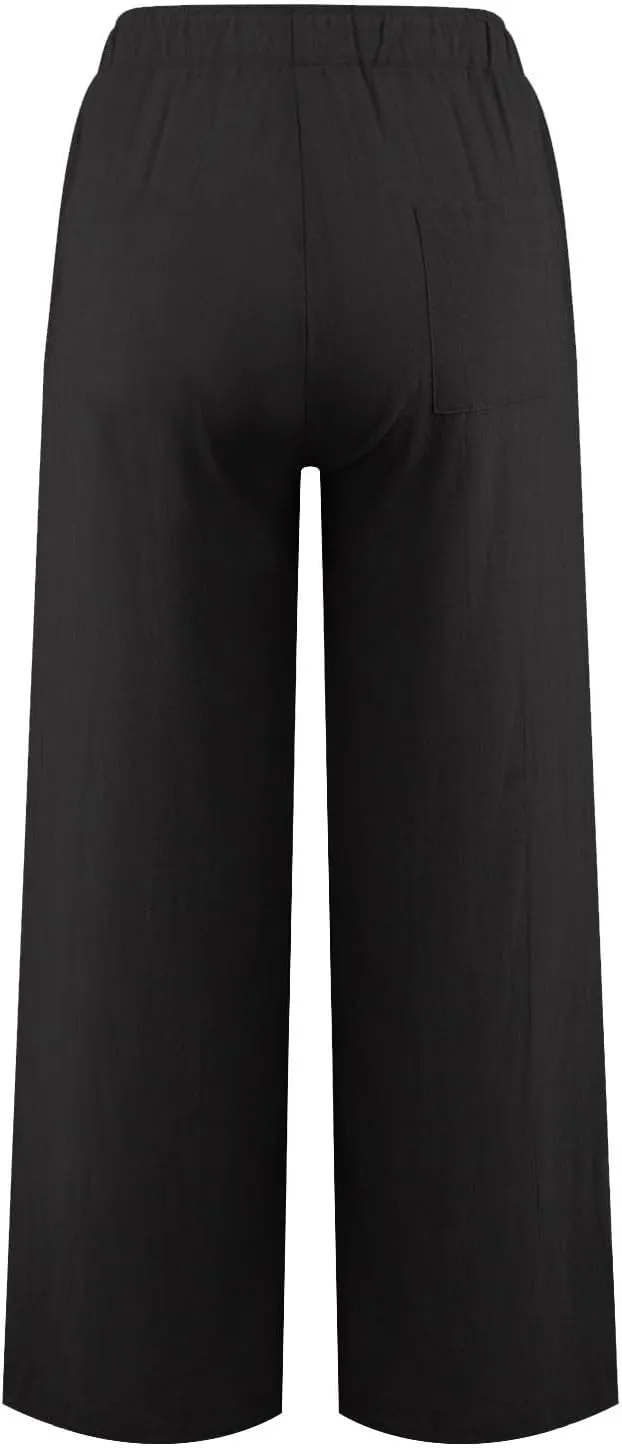 Womens Linen Pants Summer Trendy Lightweight Baggy Casual Palazzo Pants with Pockets Elastic Waist Drawstring Beach Trouser