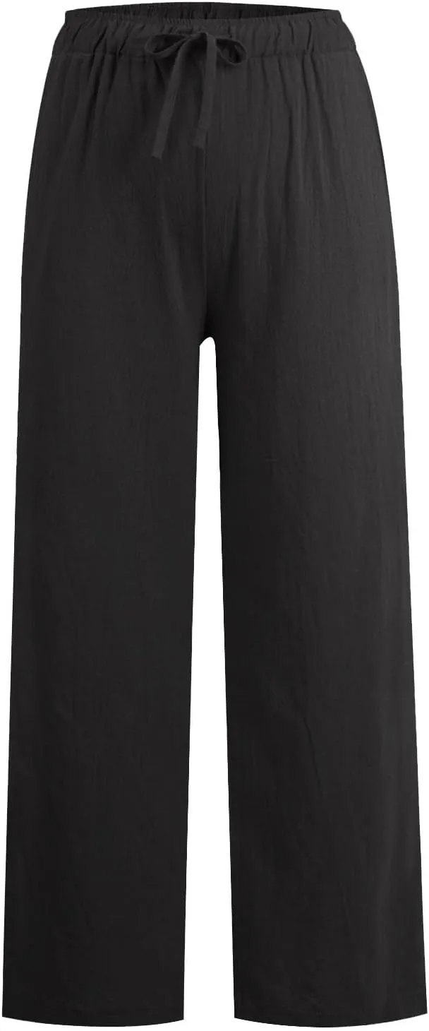 Womens Linen Pants Summer Trendy Lightweight Baggy Casual Palazzo Pants with Pockets Elastic Waist Drawstring Beach Trouser