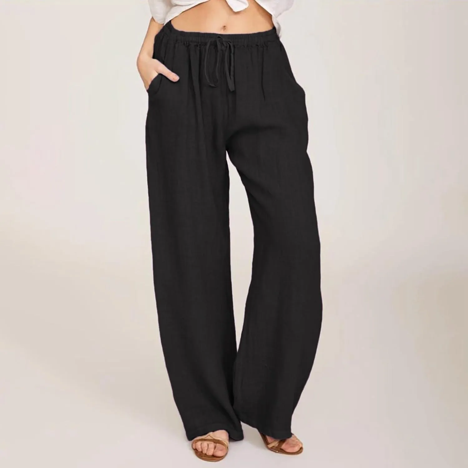 Womens Linen Pants Summer Trendy Lightweight Baggy Casual Palazzo Pants with Pockets Elastic Waist Drawstring Beach Trouser