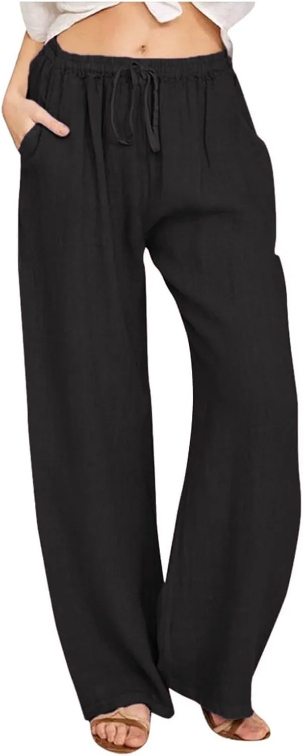 Womens Linen Pants Summer Trendy Lightweight Baggy Casual Palazzo Pants with Pockets Elastic Waist Drawstring Beach Trouser