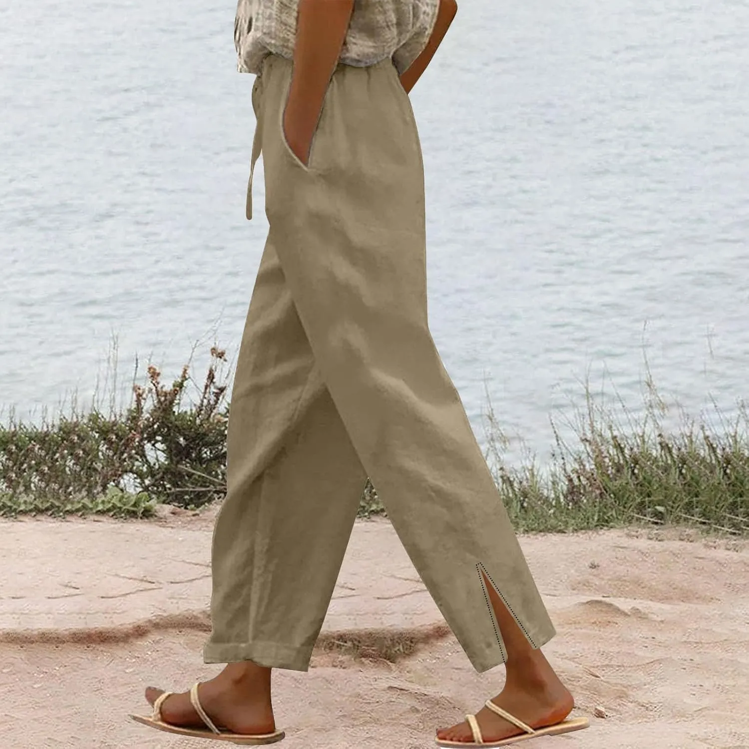 Women's Linen Pants with Drawstring & Split Hem - Summer Casual Linen Trousers Elastic Waist Lightweight Capris
