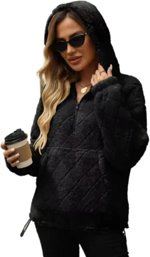 Womens Oversized Fleece Hoodies Fashion Fuzzy Warm Sherpa Pullover Tops Half Zip Hooded Sweatshirt with Pockets