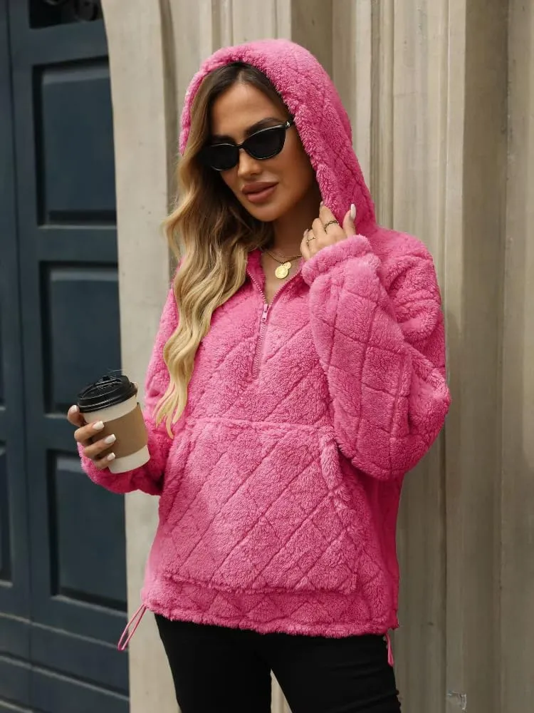 Womens Oversized Fleece Hoodies Fashion Fuzzy Warm Sherpa Pullover Tops Half Zip Hooded Sweatshirt with Pockets