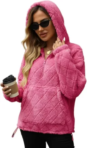 Womens Oversized Fleece Hoodies Fashion Fuzzy Warm Sherpa Pullover Tops Half Zip Hooded Sweatshirt with Pockets