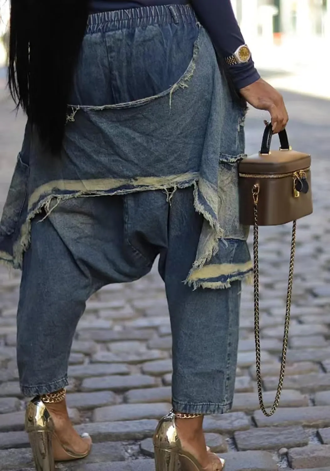 Women's Patchwork Ripped Jeans Elastic Waist Loose Denim Harem Pants Stretchy Trendy Barrel Jeans with Pockets