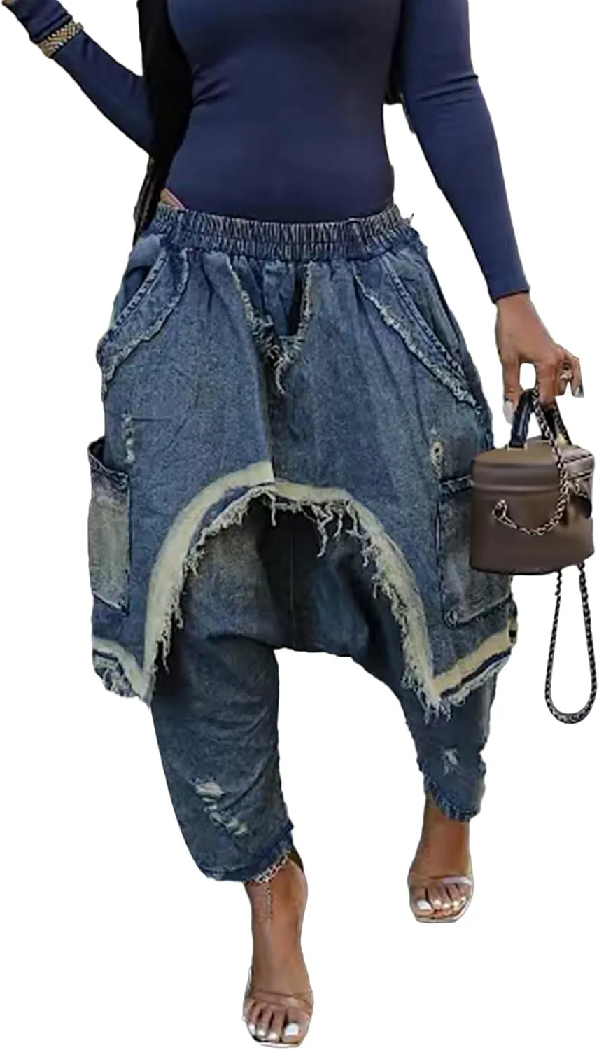 Women's Patchwork Ripped Jeans Elastic Waist Loose Denim Harem Pants Stretchy Trendy Barrel Jeans with Pockets