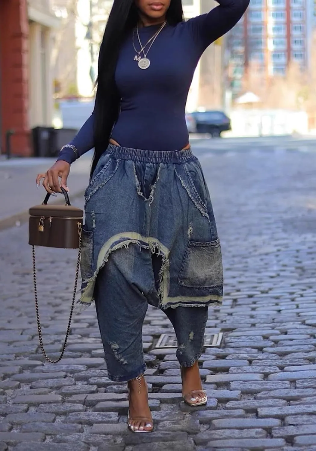 Women's Patchwork Ripped Jeans Elastic Waist Loose Denim Harem Pants Stretchy Trendy Barrel Jeans with Pockets