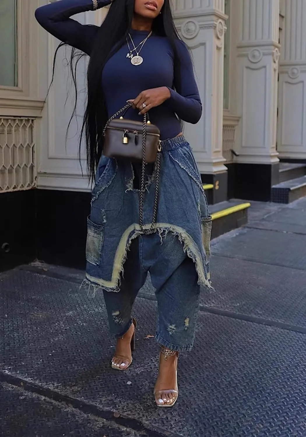 Women's Patchwork Ripped Jeans Elastic Waist Loose Denim Harem Pants Stretchy Trendy Barrel Jeans with Pockets