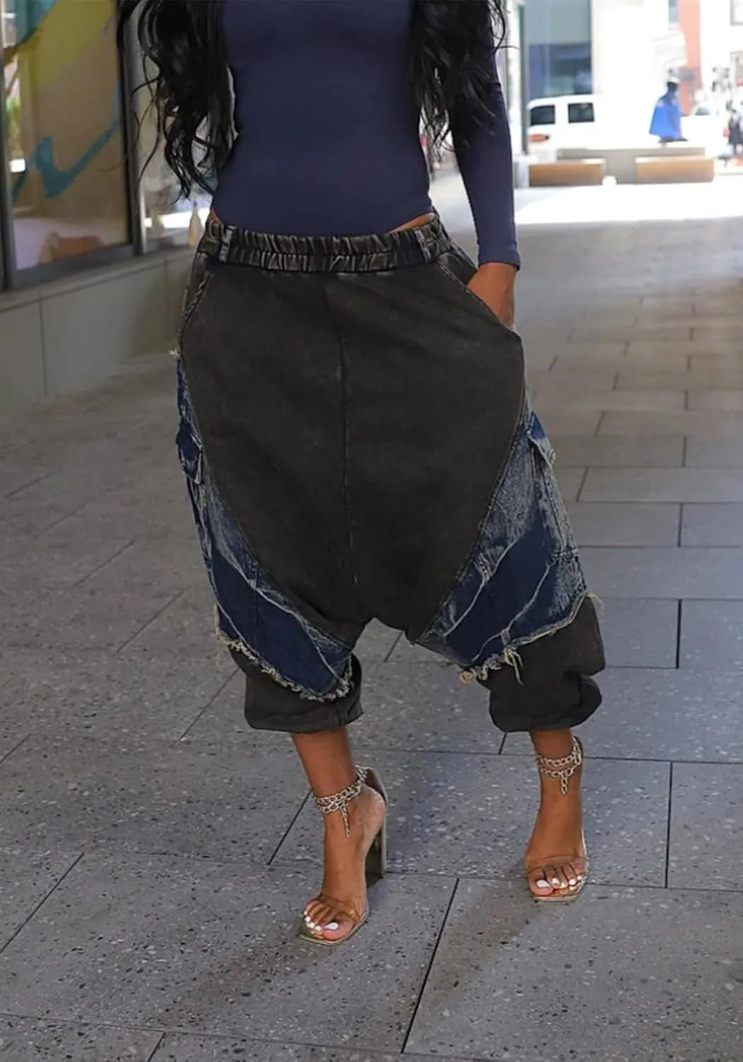 Women's Patchwork Ripped Jeans Elastic Waist Loose Denim Harem Pants Stretchy Trendy Barrel Jeans with Pockets