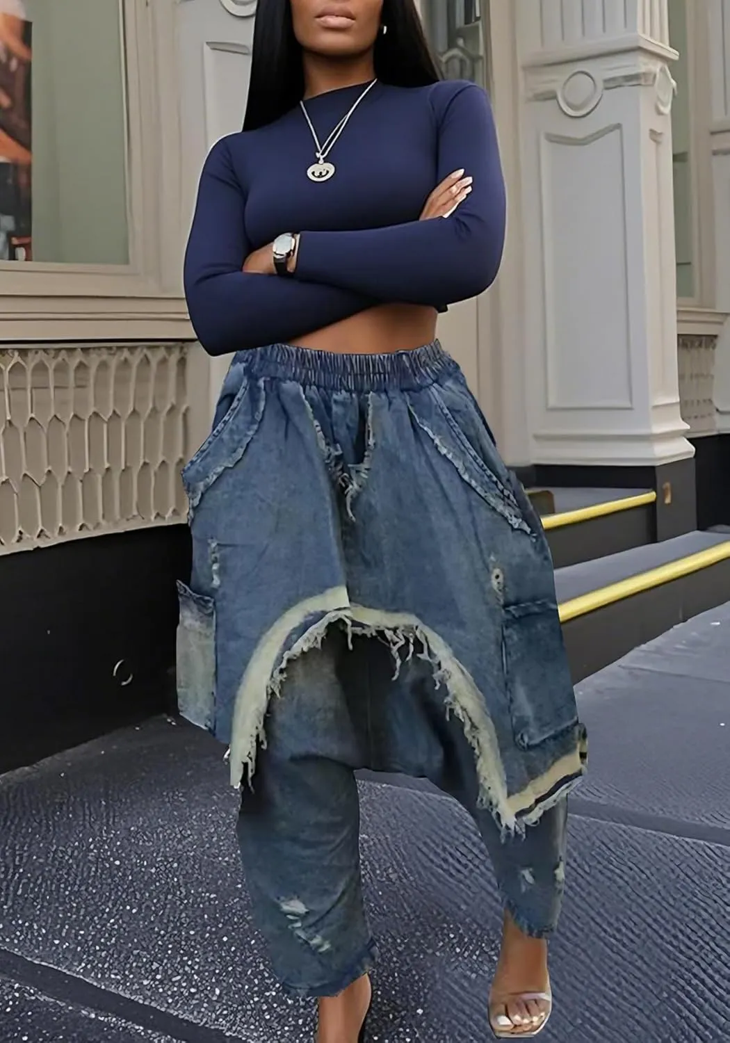 Women's Patchwork Ripped Jeans Elastic Waist Loose Denim Harem Pants Stretchy Trendy Barrel Jeans with Pockets