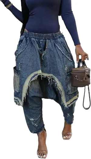 Women's Patchwork Ripped Jeans Elastic Waist Loose Denim Harem Pants Stretchy Trendy Barrel Jeans with Pockets