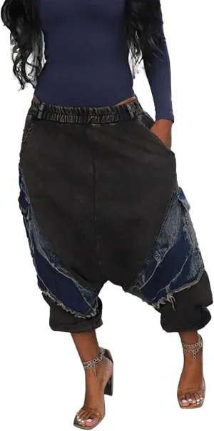 Women's Patchwork Ripped Jeans Elastic Waist Loose Denim Harem Pants Stretchy Trendy Barrel Jeans with Pockets