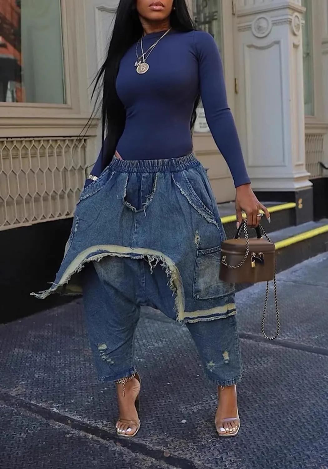 Women's Patchwork Ripped Jeans Elastic Waist Loose Denim Harem Pants Stretchy Trendy Barrel Jeans with Pockets
