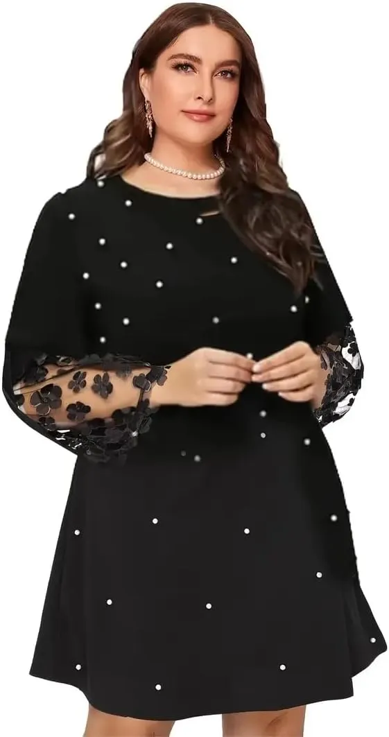 Women's Plus Size Rhinestone Decor Contrast Mesh Midi Dress, Black, Slight Stretch Party Dress