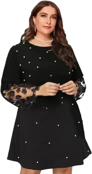 Women's Plus Size Rhinestone Decor Contrast Mesh Midi Dress, Black, Slight Stretch Party Dress