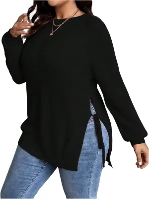 Women's Plus Size Split Knot Sweaters Tops Crew Neck Long Sleeve Ribbed Knit Pullovers Knitwear