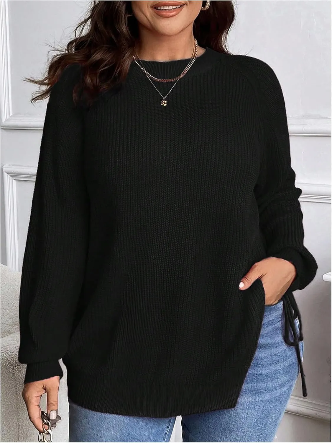 Women's Plus Size Split Knot Sweaters Tops Crew Neck Long Sleeve Ribbed Knit Pullovers Knitwear