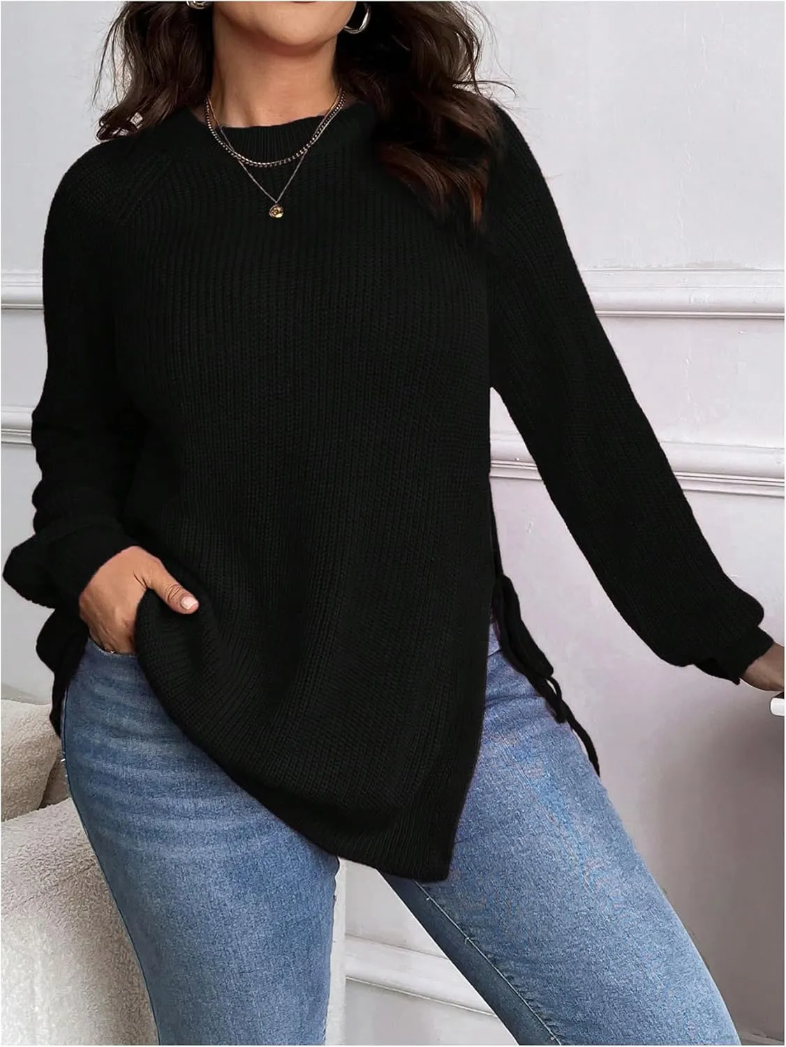 Women's Plus Size Split Knot Sweaters Tops Crew Neck Long Sleeve Ribbed Knit Pullovers Knitwear