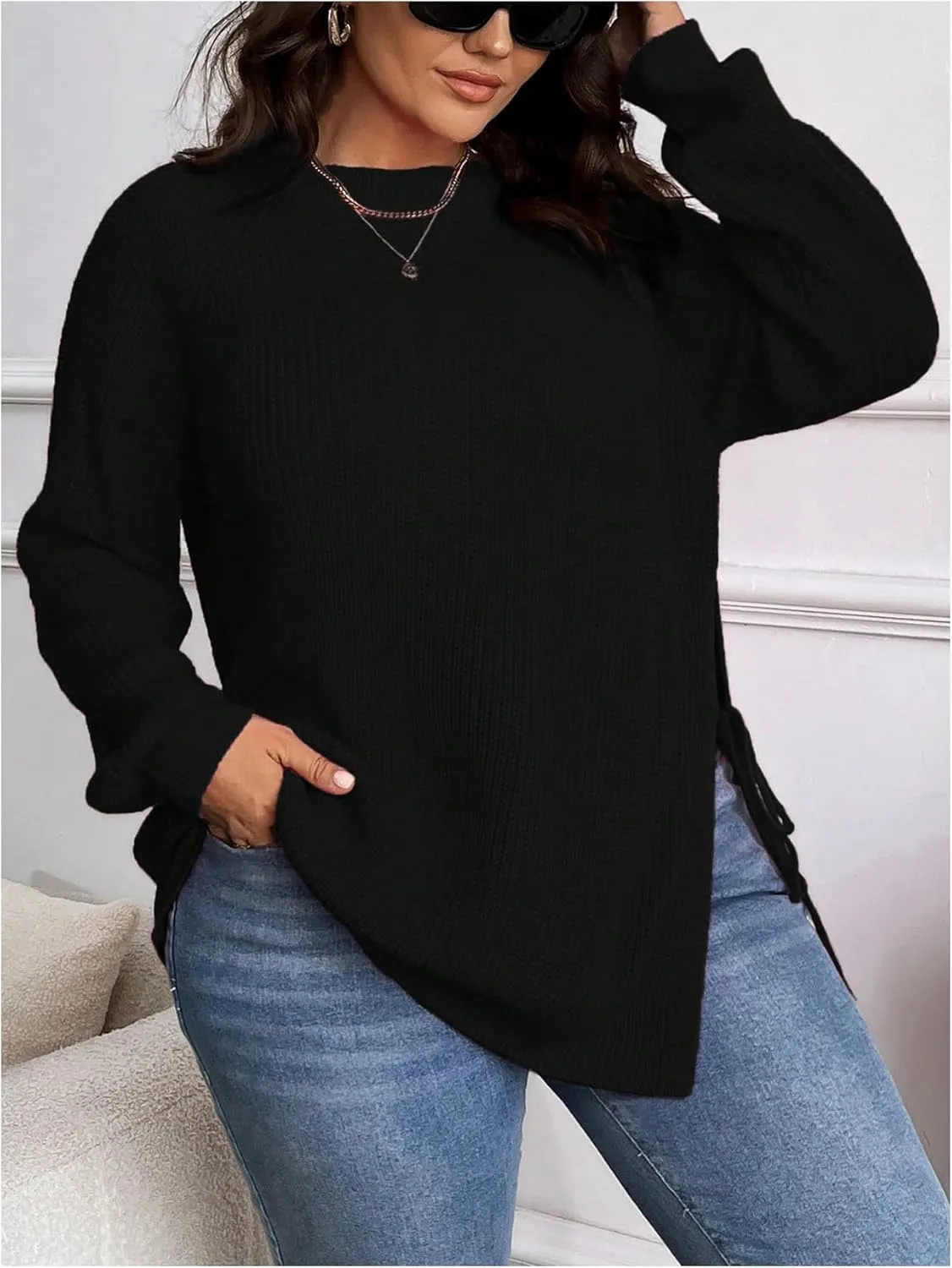 Women's Plus Size Split Knot Sweaters Tops Crew Neck Long Sleeve Ribbed Knit Pullovers Knitwear