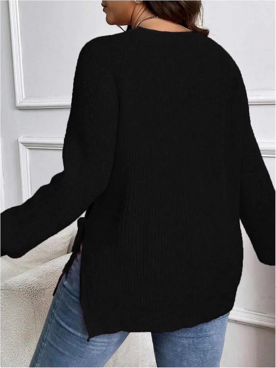 Women's Plus Size Split Knot Sweaters Tops Crew Neck Long Sleeve Ribbed Knit Pullovers Knitwear