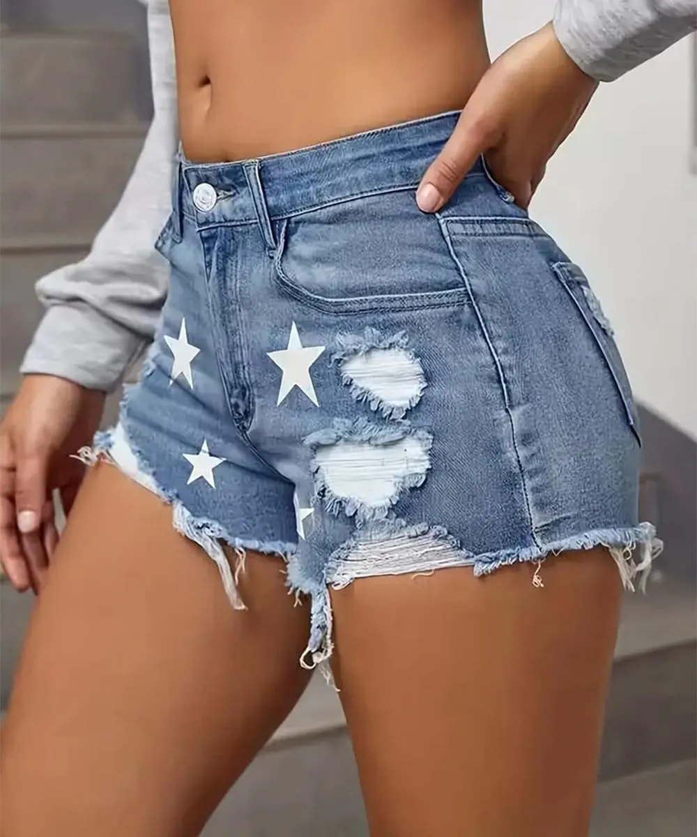 Women's Ripped Denim Short High Waisted Casual Summer Distressed Raw Hem Star Print Jeans Shorts Hot Pants