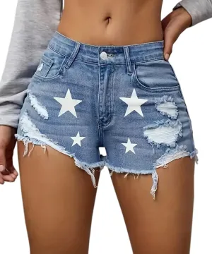 Women's Ripped Denim Short High Waisted Casual Summer Distressed Raw Hem Star Print Jeans Shorts Hot Pants