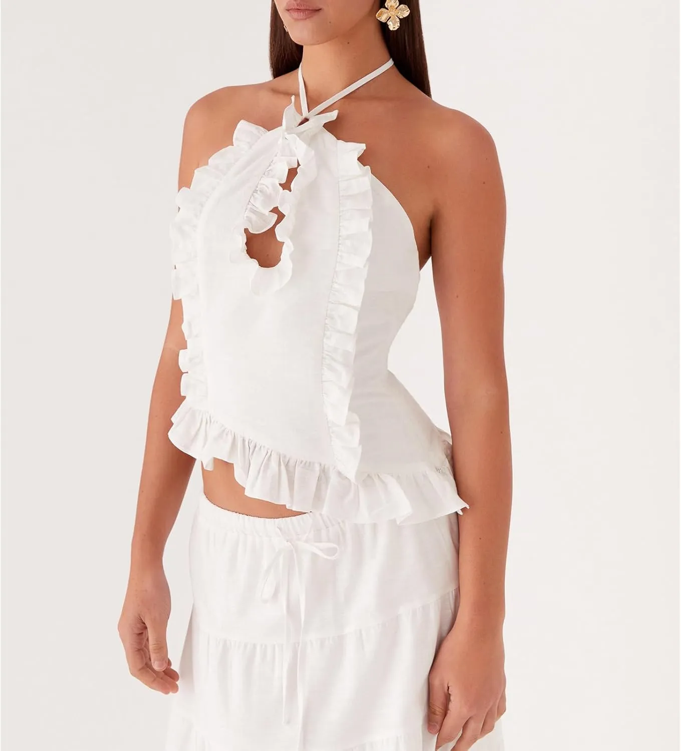 Womens Ruffle Frill Cute Going Out Halter Crop Tops Y2k Sexy Front Cut Out Backless Camisole Vest Summer