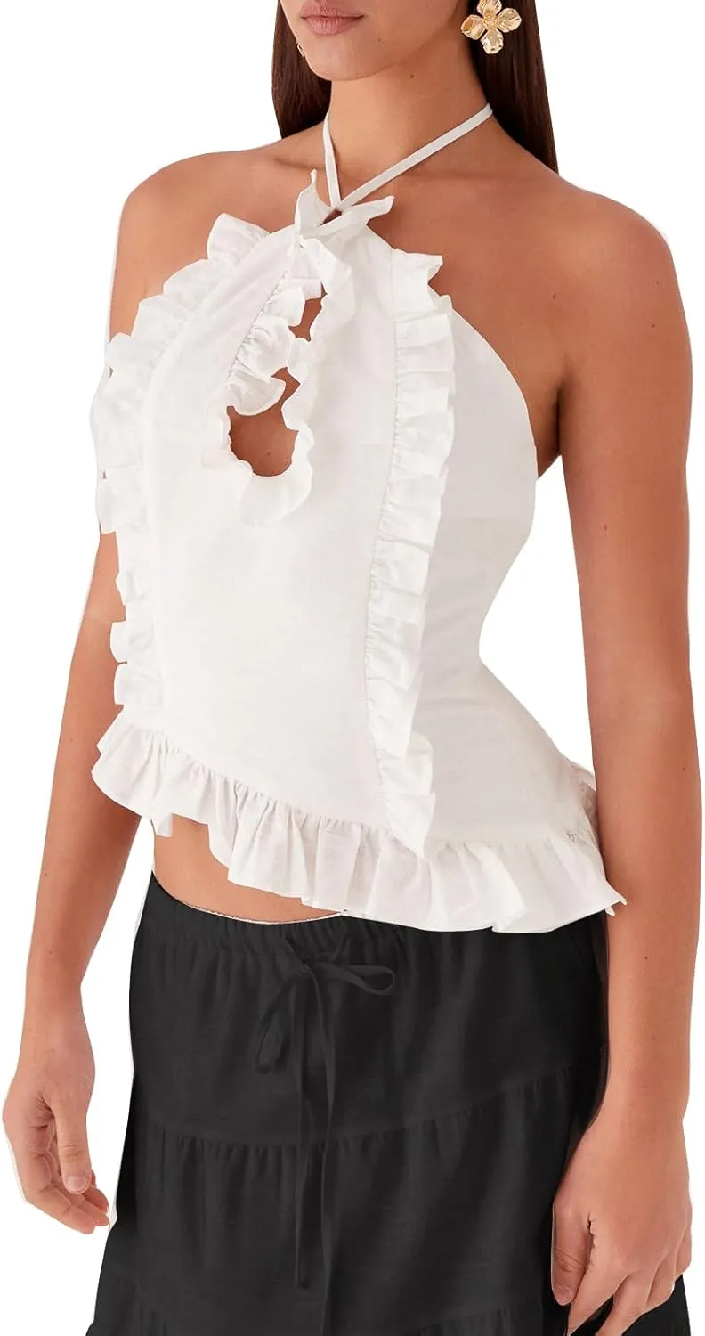 Womens Ruffle Frill Cute Going Out Halter Crop Tops Y2k Sexy Front Cut Out Backless Camisole Vest Summer