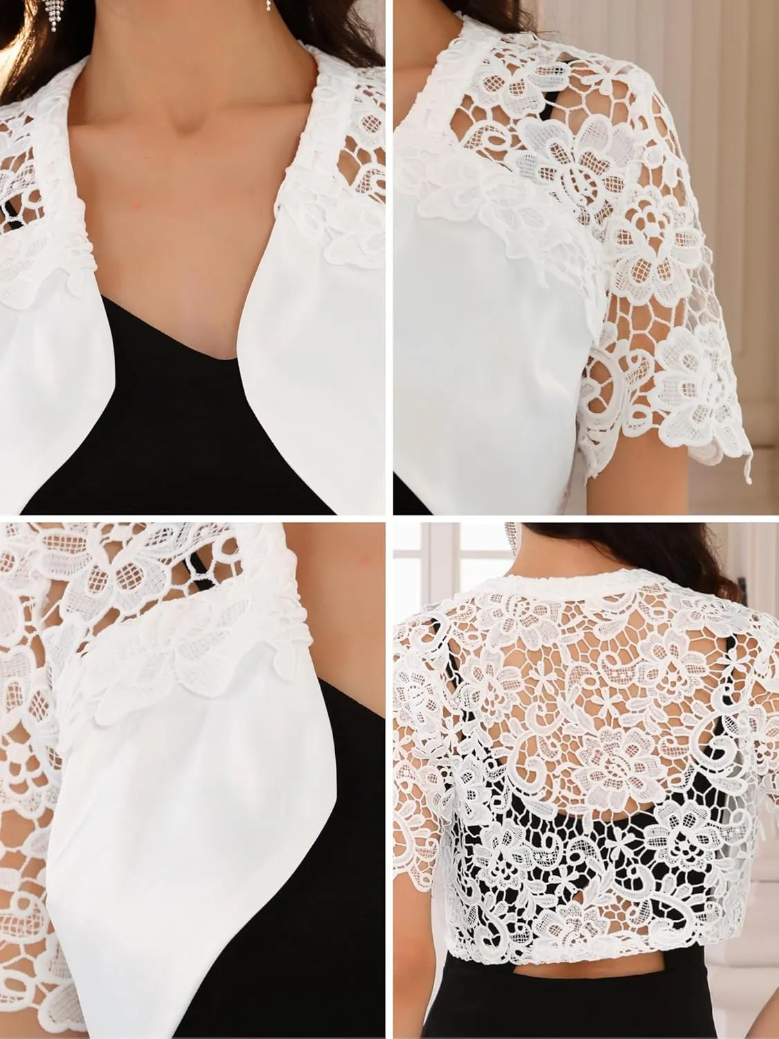 Women's Satin Shrug Short Sleeves Cocktail Elegant Cropped Lace Cardigan