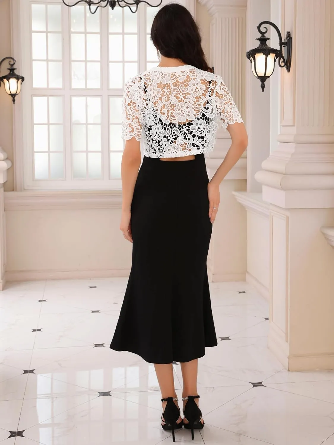 Women's Satin Shrug Short Sleeves Cocktail Elegant Cropped Lace Cardigan